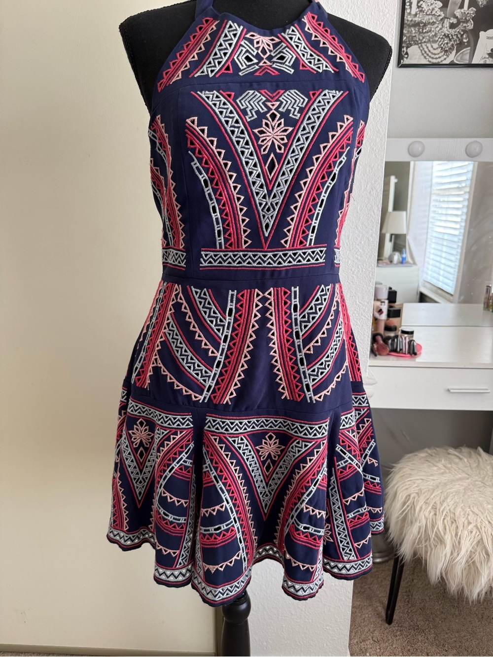 Parker Navy Halter Fit & Flare Dress with Pink and White Embroidery